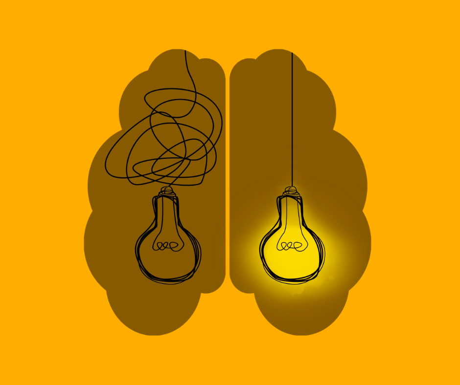 A brain with a buld off on the left and a bulb on on the right
